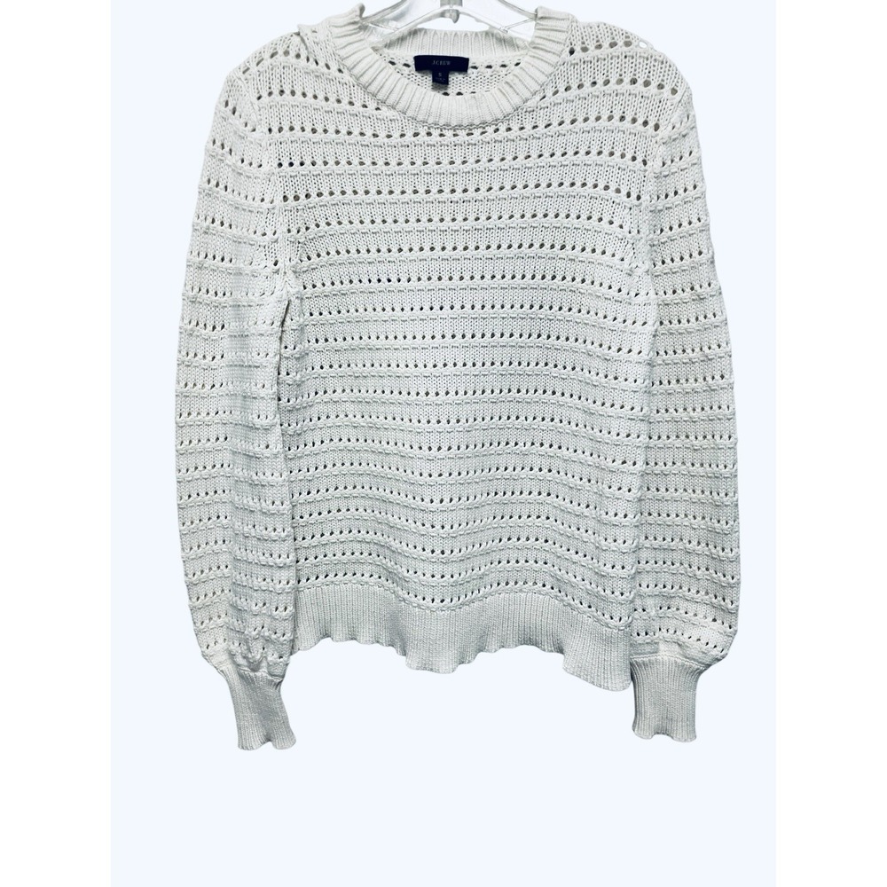 J Crew Preppy Academia White Crew Neck Open Knit LongSleeve Sweater Womens Small